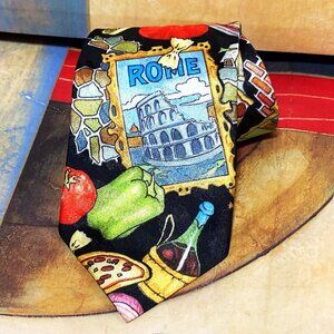 MEN'S VTG FLAVOR WEAR TIE ROME, ITALY PIZZA WINE NOVELTY TIE (MADE IN U.S.A)